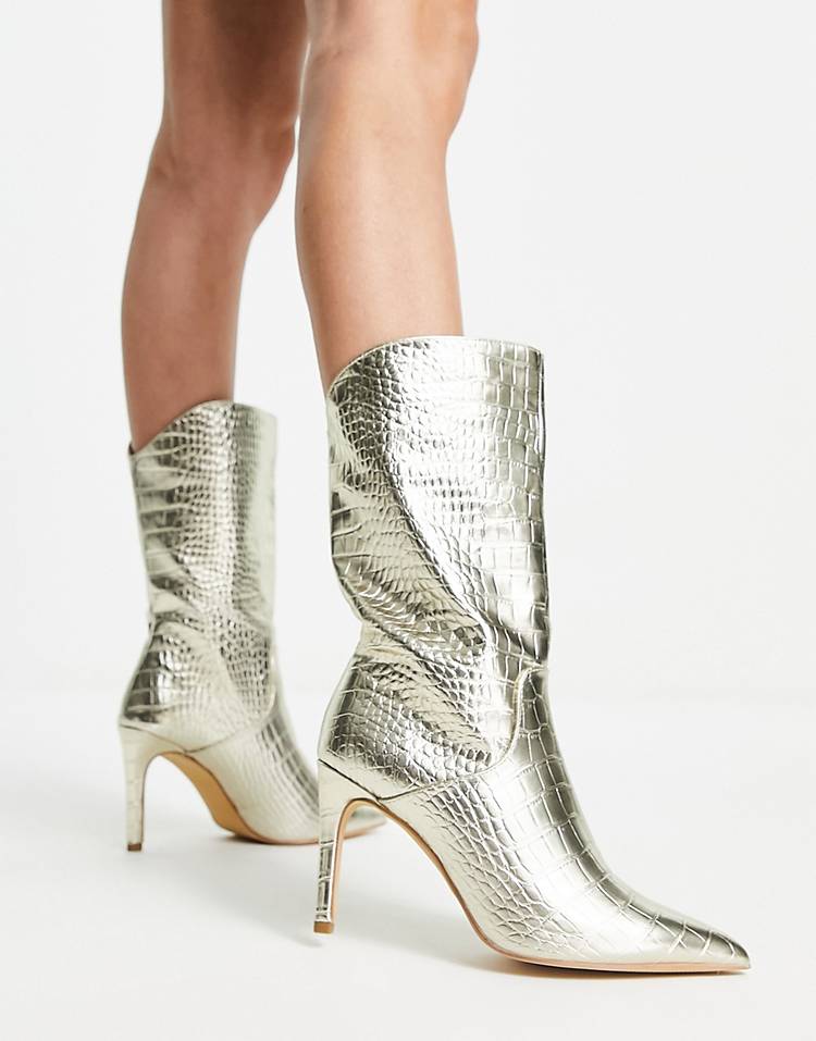 Public Desire Lisel curved ankle boot in gold metallic croc
